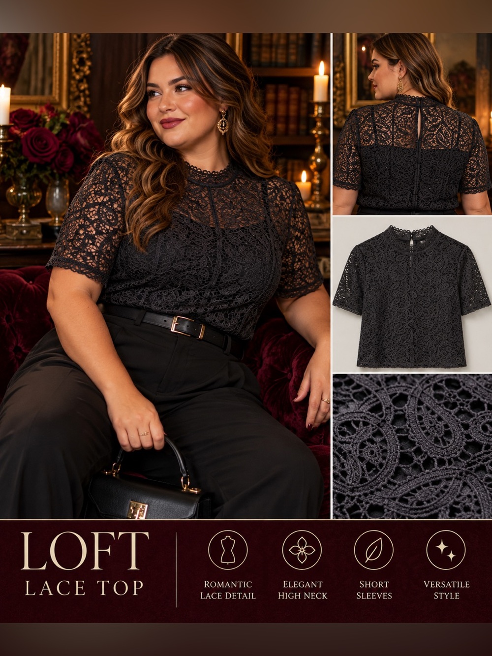 LOFT Black Lace Top Size L Romantic Goth High Neck Short Sleeve Blouse